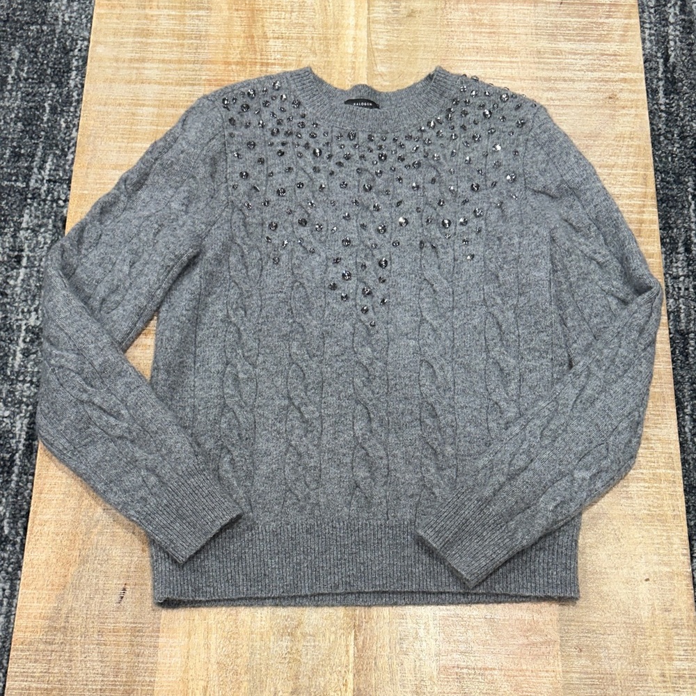 Halogen Gray Cable Knit Sweater with Embellishments